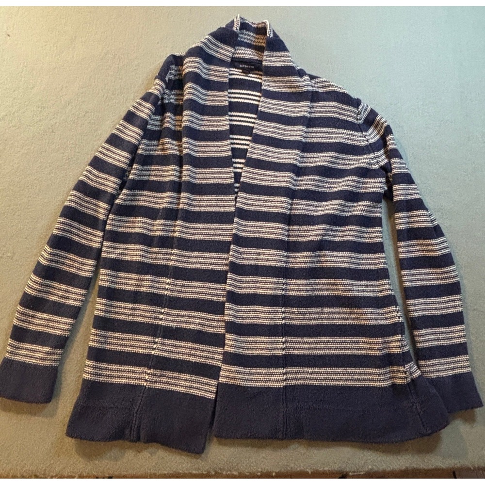 Lands End Striped Open Front Cardigan Womens M Blue White Silk Cotton Preppy